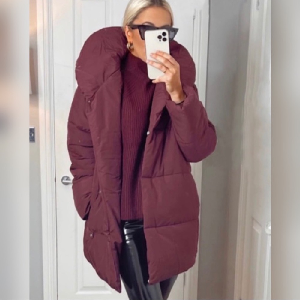 H&M Puffer Oversized Coat Sz XS NWT Dark Red Burgundy Plum